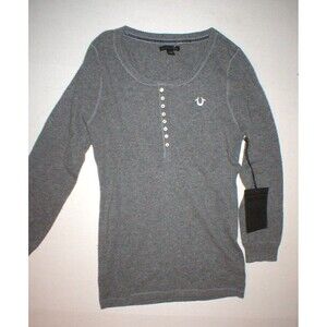 New Womens Designer True Religion Jeans Gray Sweater Top NWT M Henley Cashmere
